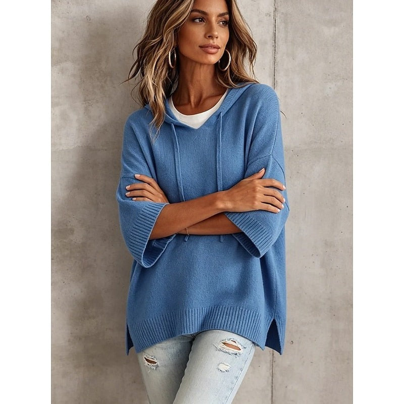 Women's hooded sweater with three-quarter sleeves in blue, view 2