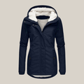 Women's navy blue winter jacket with plush-lined hood