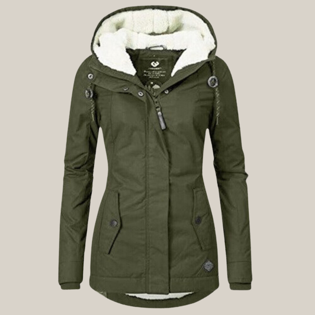 Women's green hooded winter jacket – front view