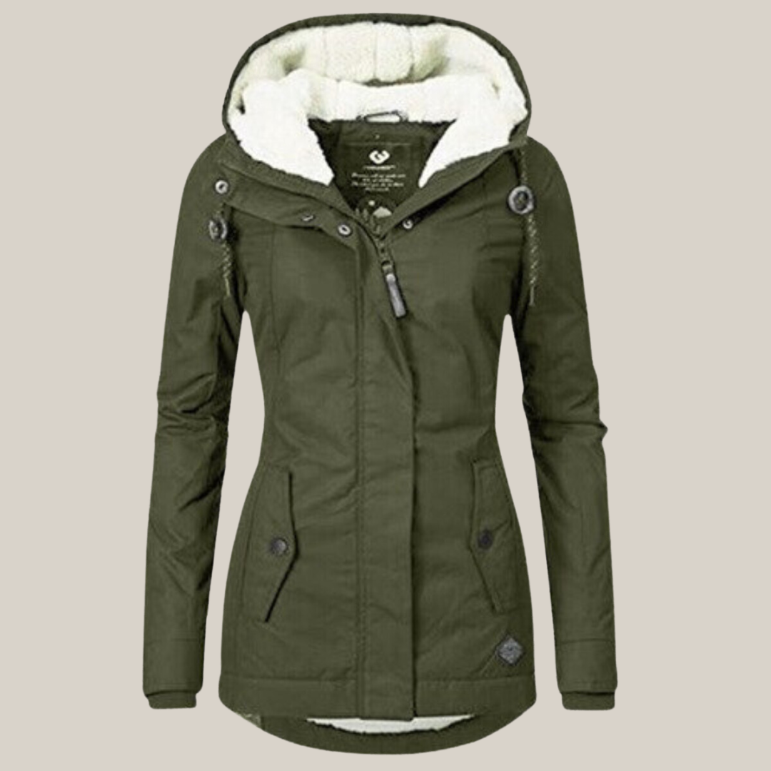 Women's green hooded winter jacket – front view
