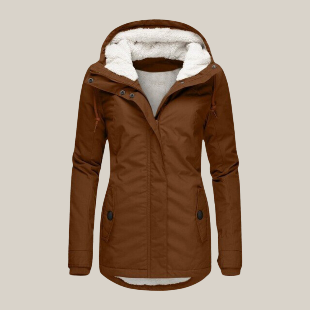 Women's brown plush-lined hooded jacket – front view