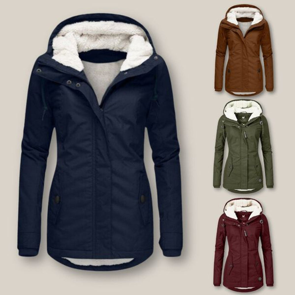 Women's navy blue hooded winter jacket with colour options