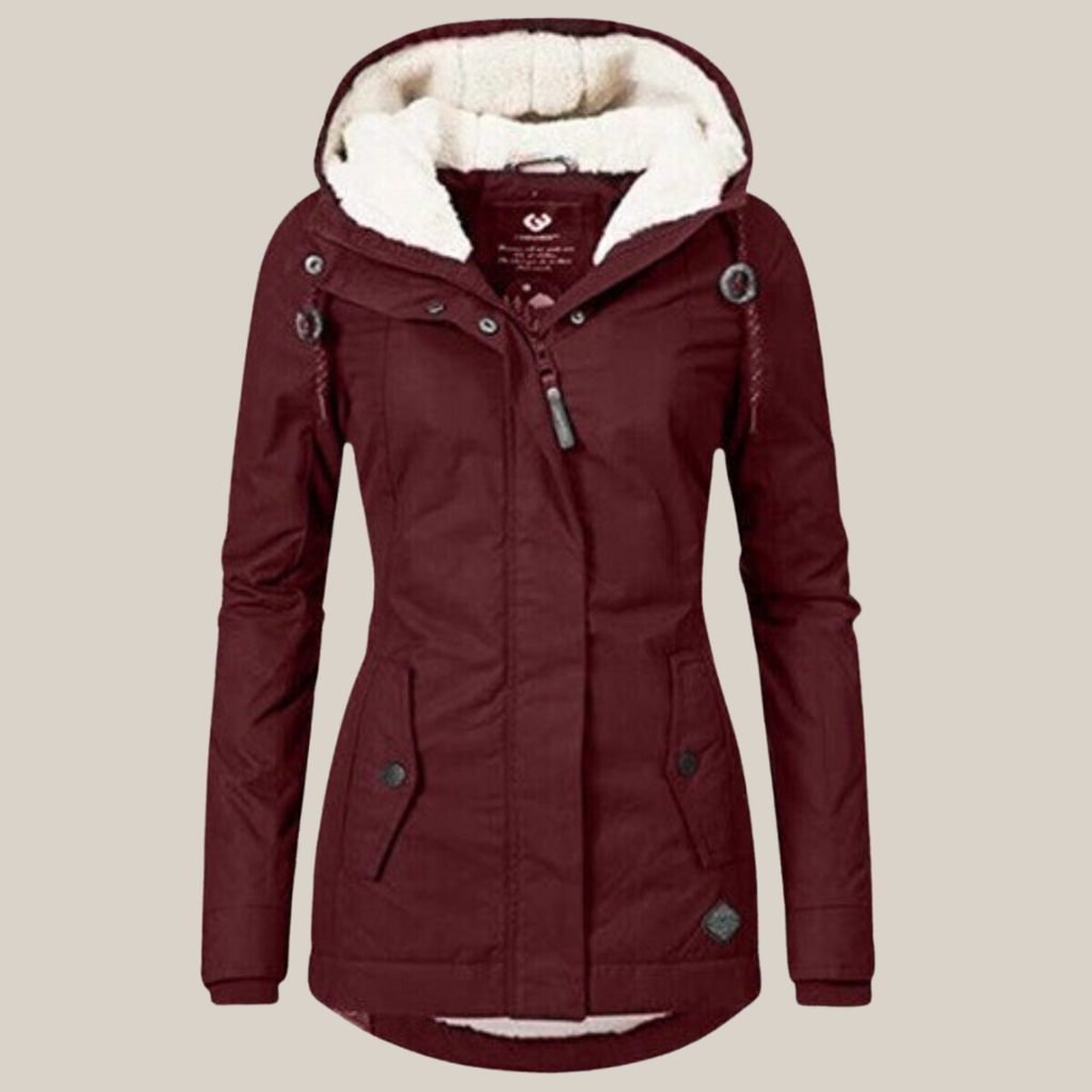 Women's burgundy winter jacket with plush-lined hood