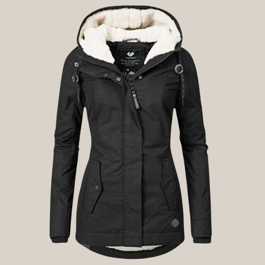 Women's black winter jacket with plush-lined hood