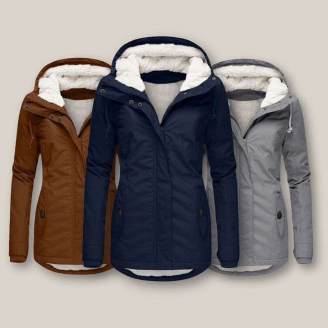 Women's hooded winter jacket in brown, navy and grey