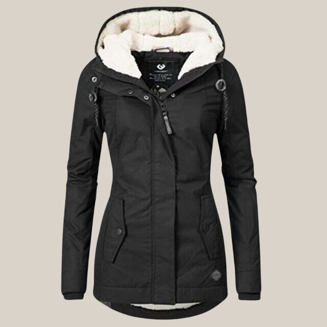 Women's black hooded winter jacket – front view