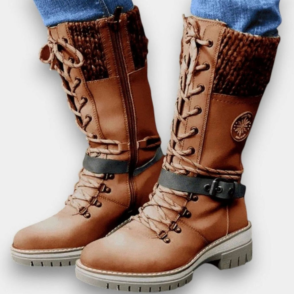 Women's brown lace-up winter boots with buckle strap