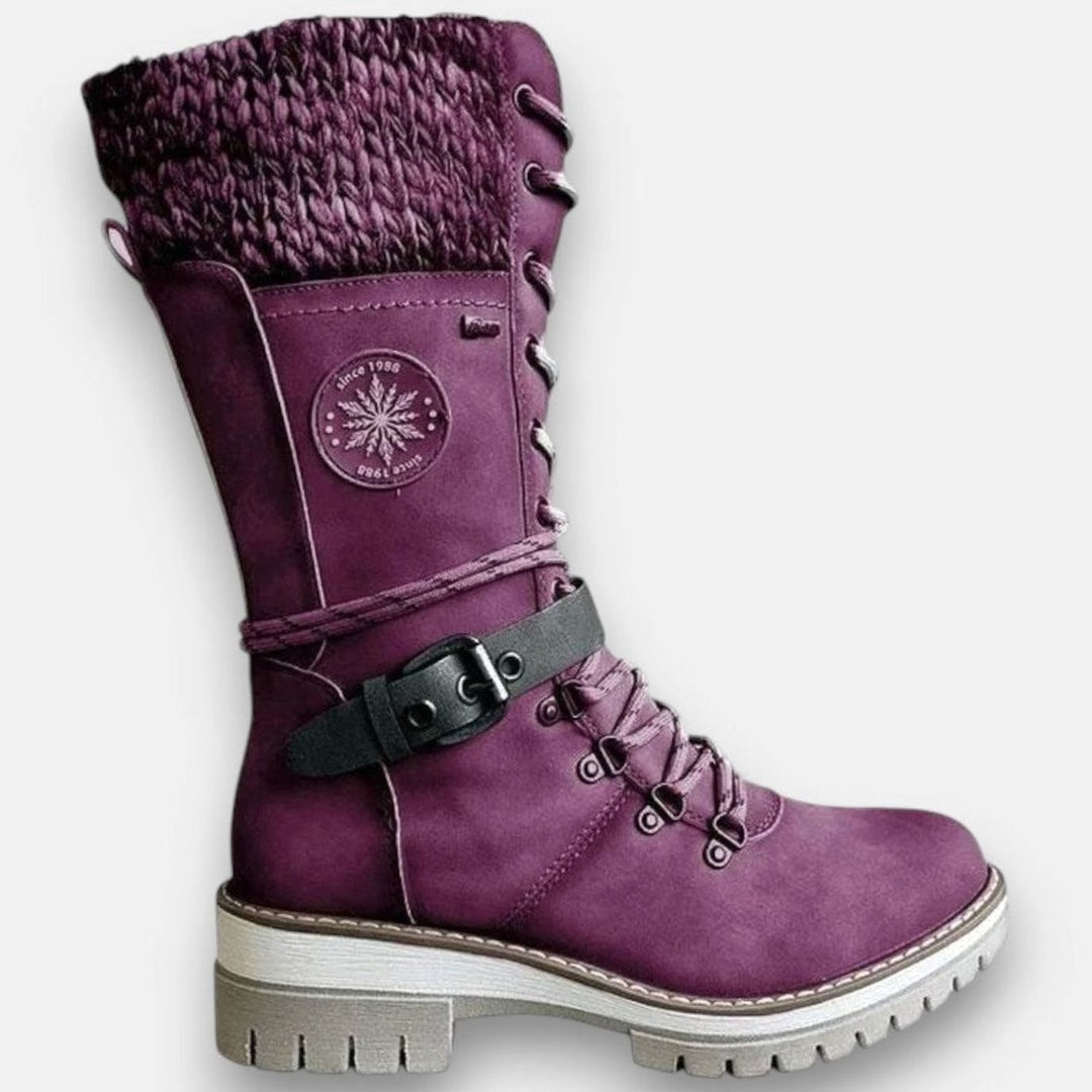 Women's purple lace-up winter boot with knit cuff