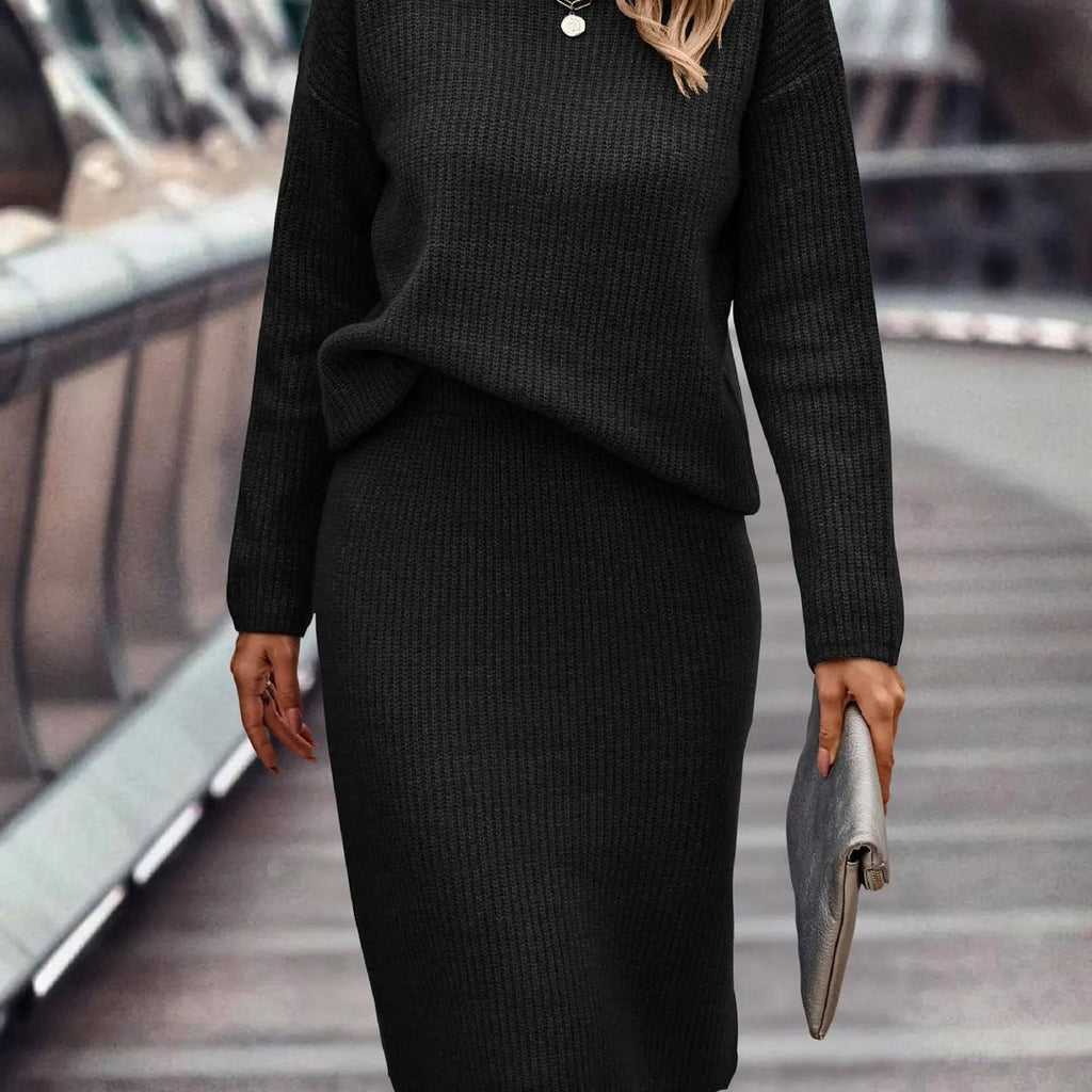 Women's knit set with mock neck sweater and midi skirt in black