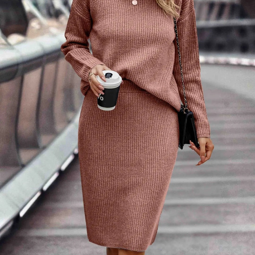 Women's knit set with mock neck sweater and midi skirt in pink