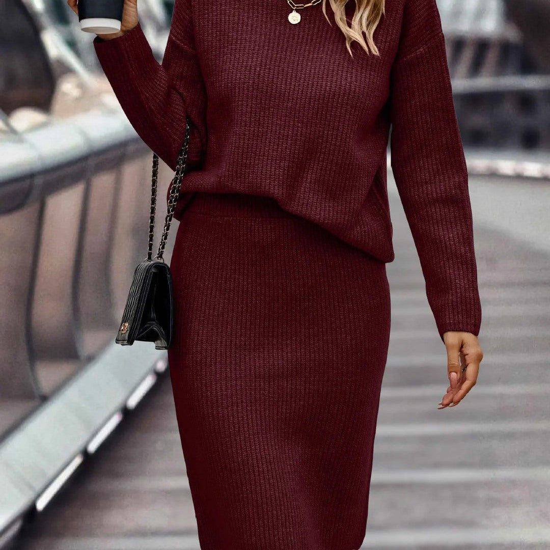 Women's knit set with mock neck sweater and midi skirt in burgundy