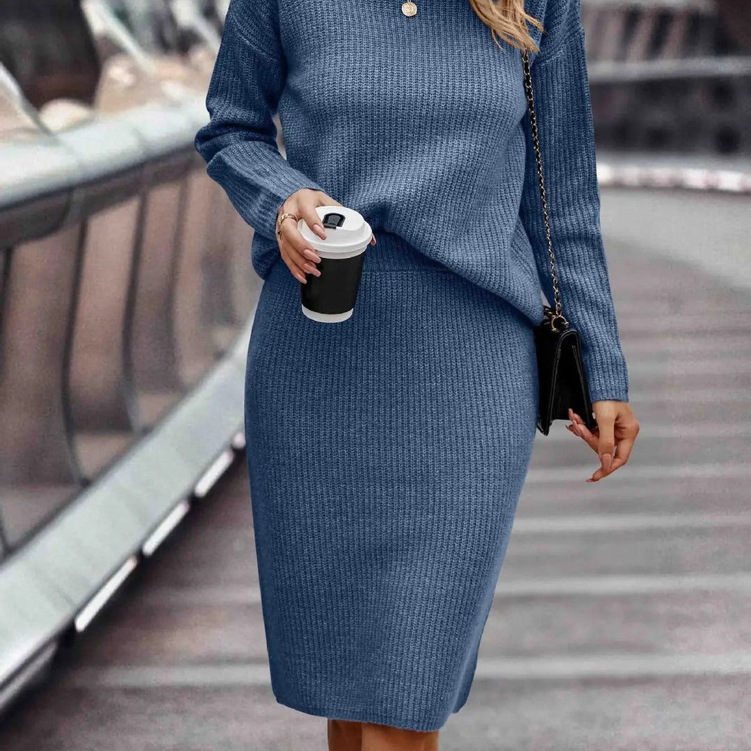 Women's knit set with mock neck sweater and midi skirt in blue