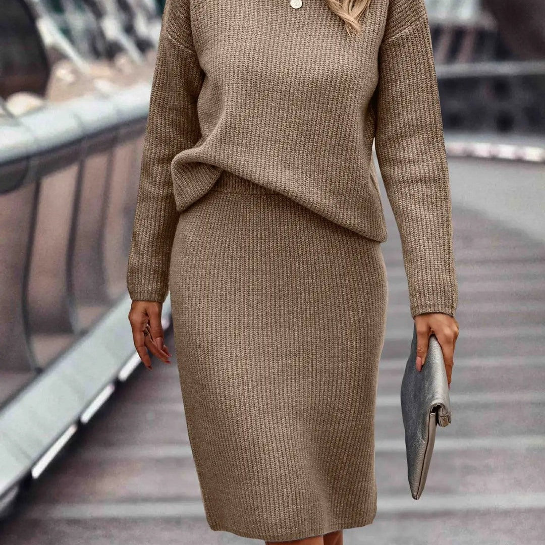 Women's knit set with mock neck sweater and midi skirt in beige