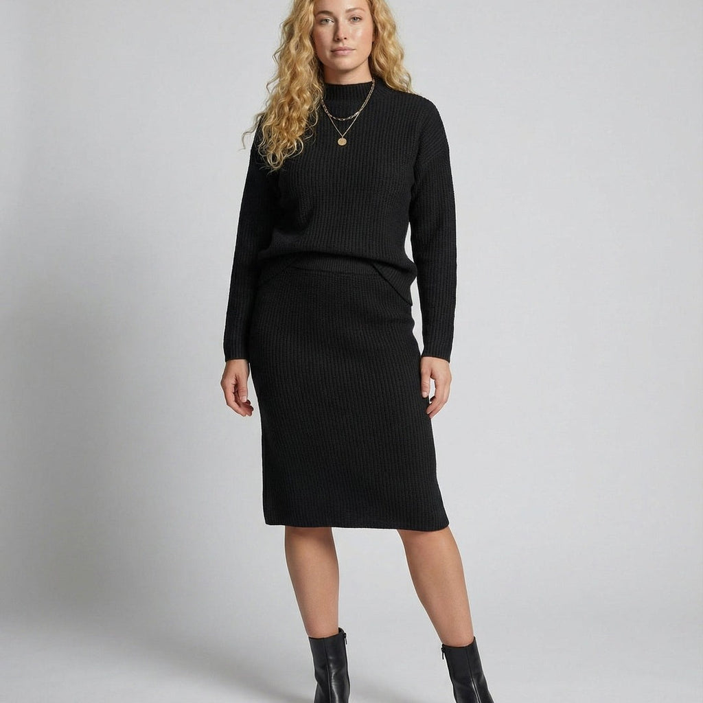 Women's knit set with mock neck sweater and midi skirt in black, full length view