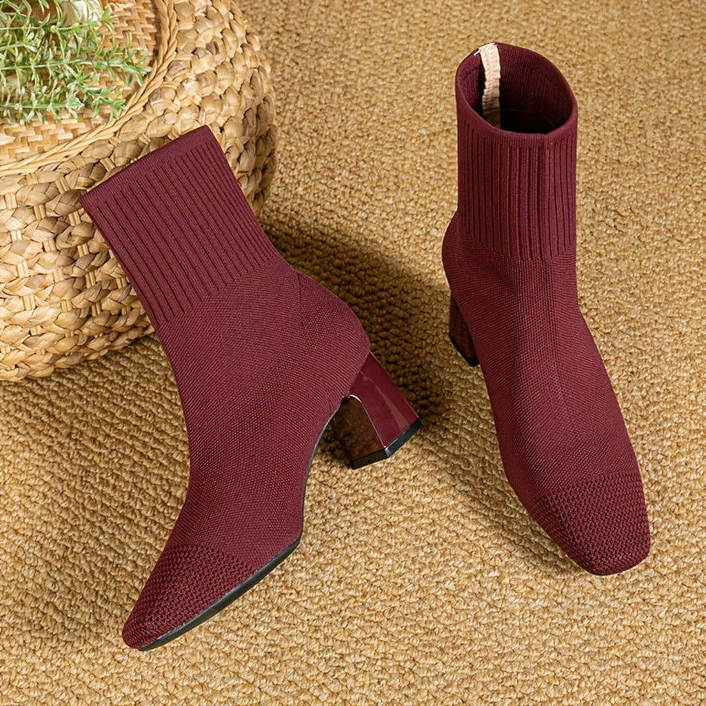 Women's burgundy knit sock ankle boots