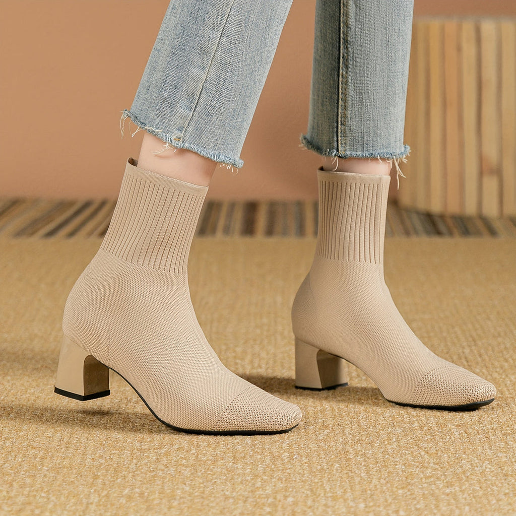 Women's beige knit sock ankle boots with jeans