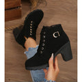 Women's black lace-up block heel ankle boots with buckle