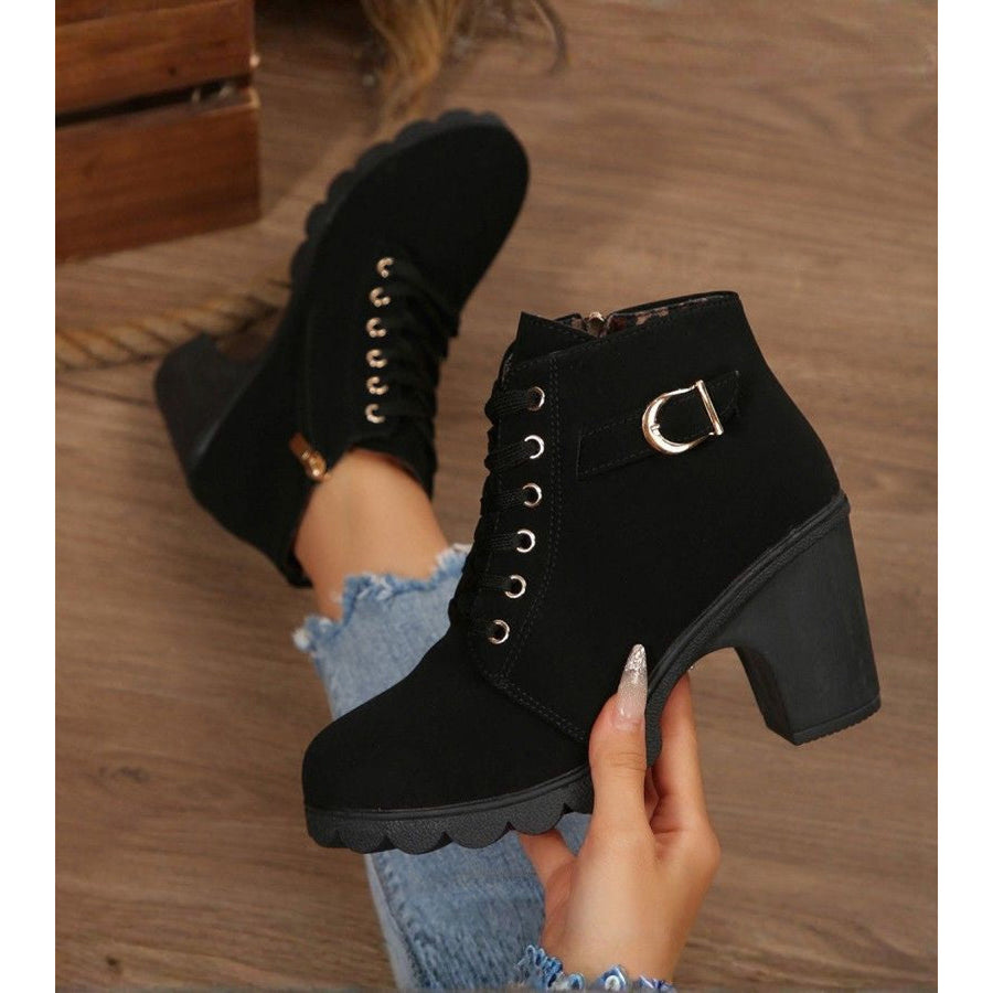 Women's Lace-Up Block Heel Ankle Boots with Buckle Strap for Autumn Days