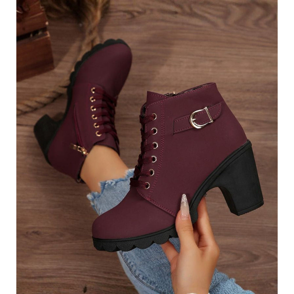 Women's burgundy lace-up ankle boots with buckle strap