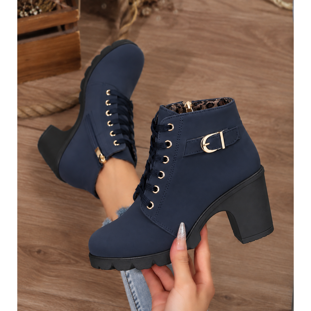 Women's navy blue lace-up ankle boots with buckle