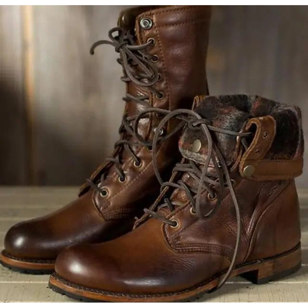 Women's brown lace-up combat boots with fold-down collar
