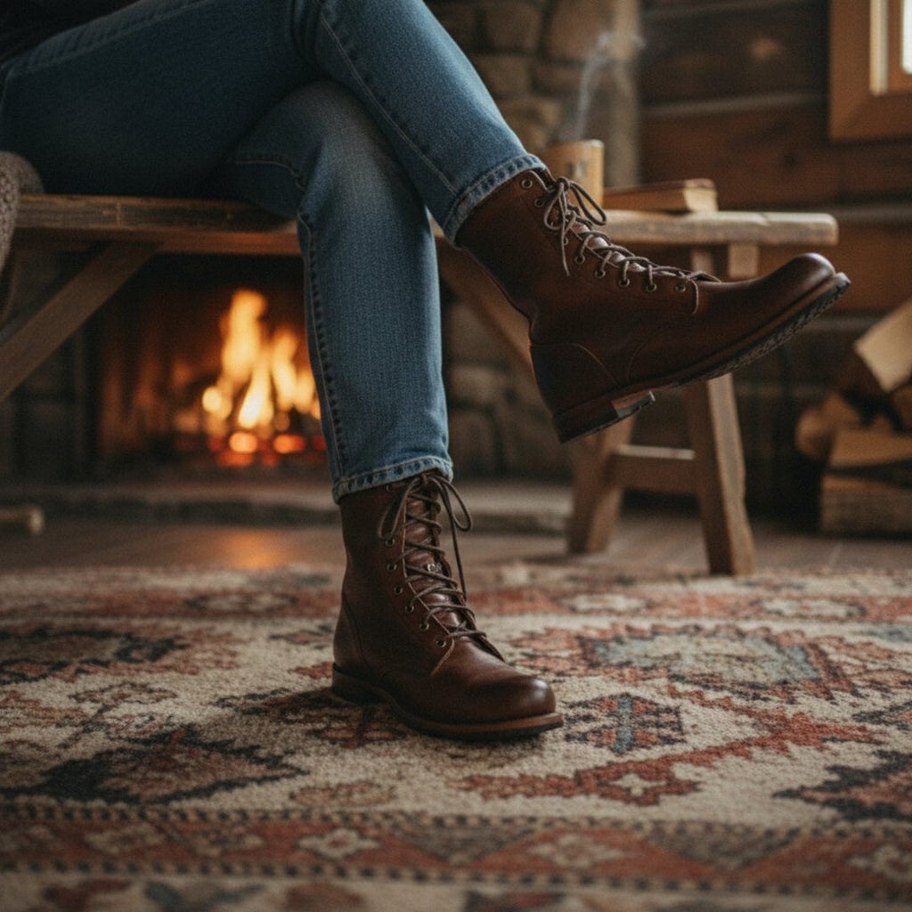 Woman wearing brown combat boots by the fire