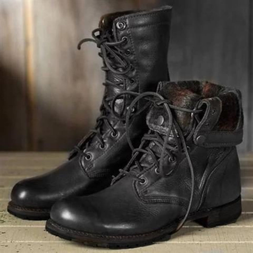 Women's black lace-up combat boots with fold-down collar