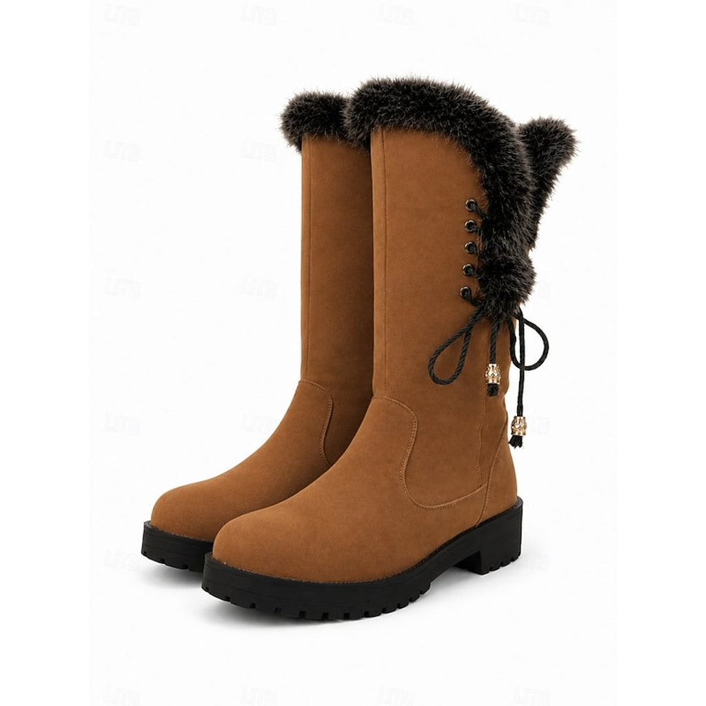 Pair of camel mid-calf winter boots – studio view