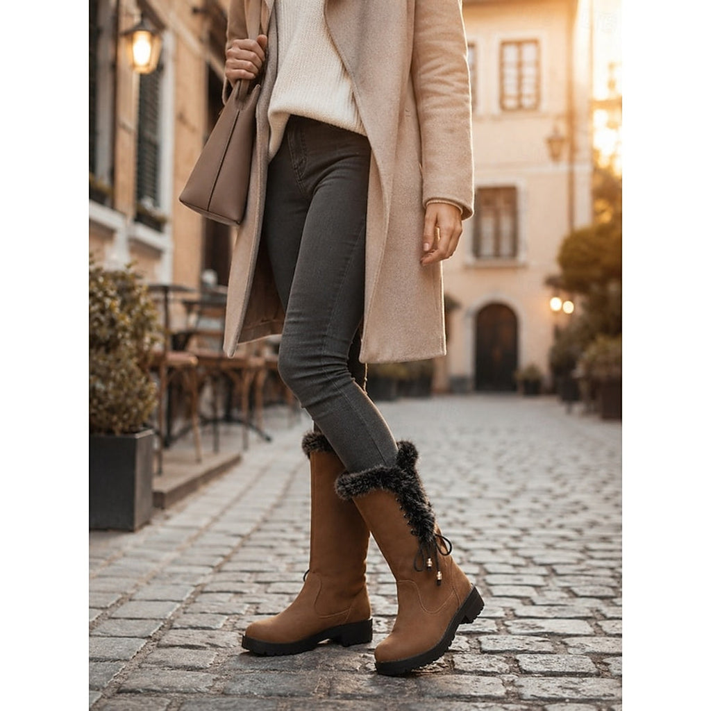 Woman walking in camel winter boots
