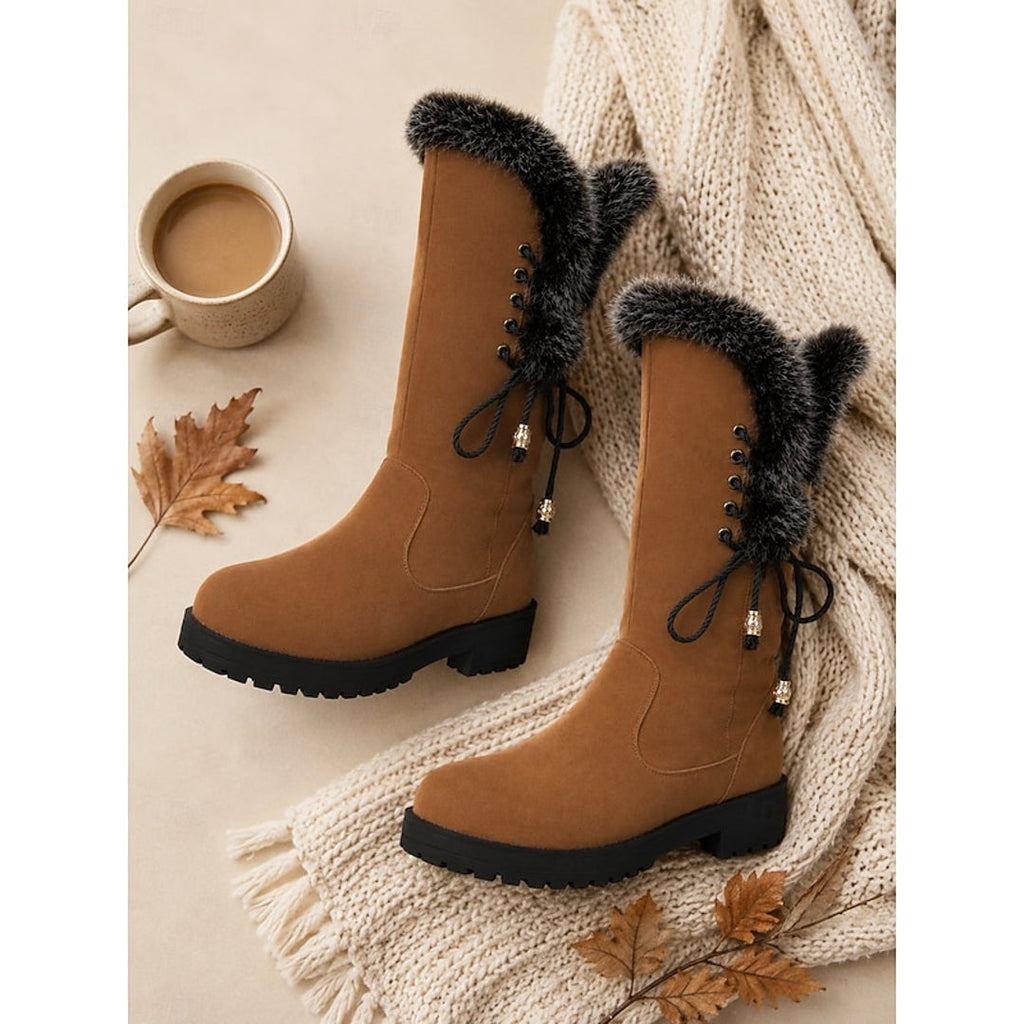 Camel winter boots with a cosy knit backdrop