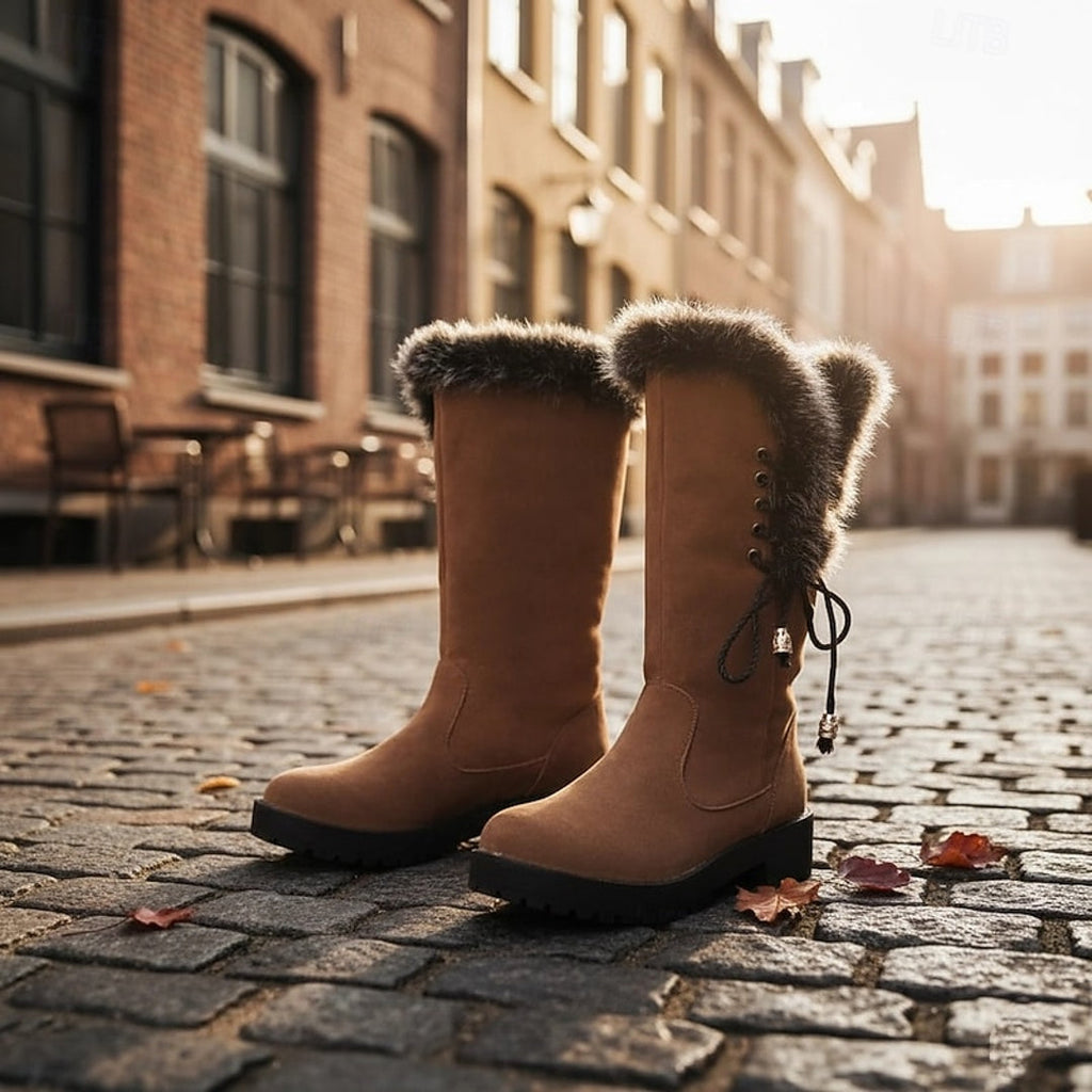 Pair of camel mid-calf winter boots with lace-up back