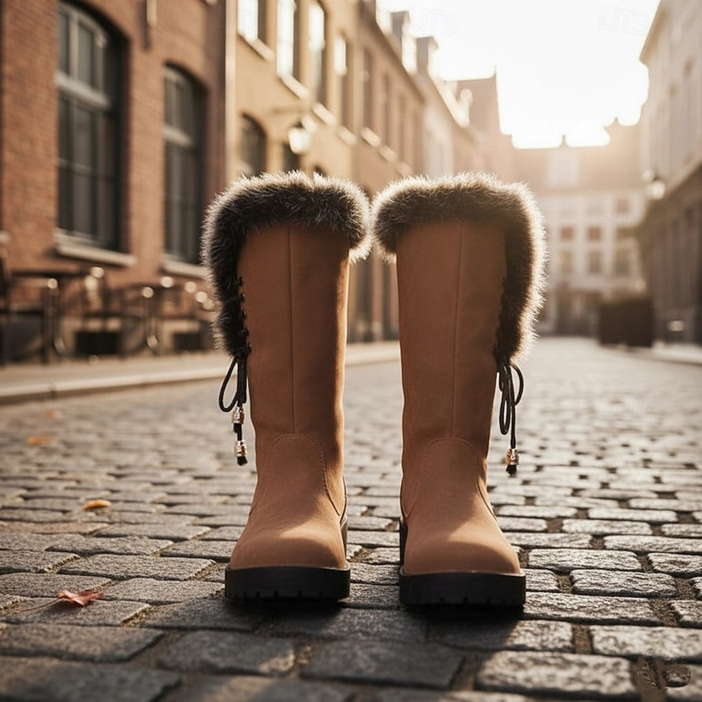 Women's camel winter boots – back view with laces