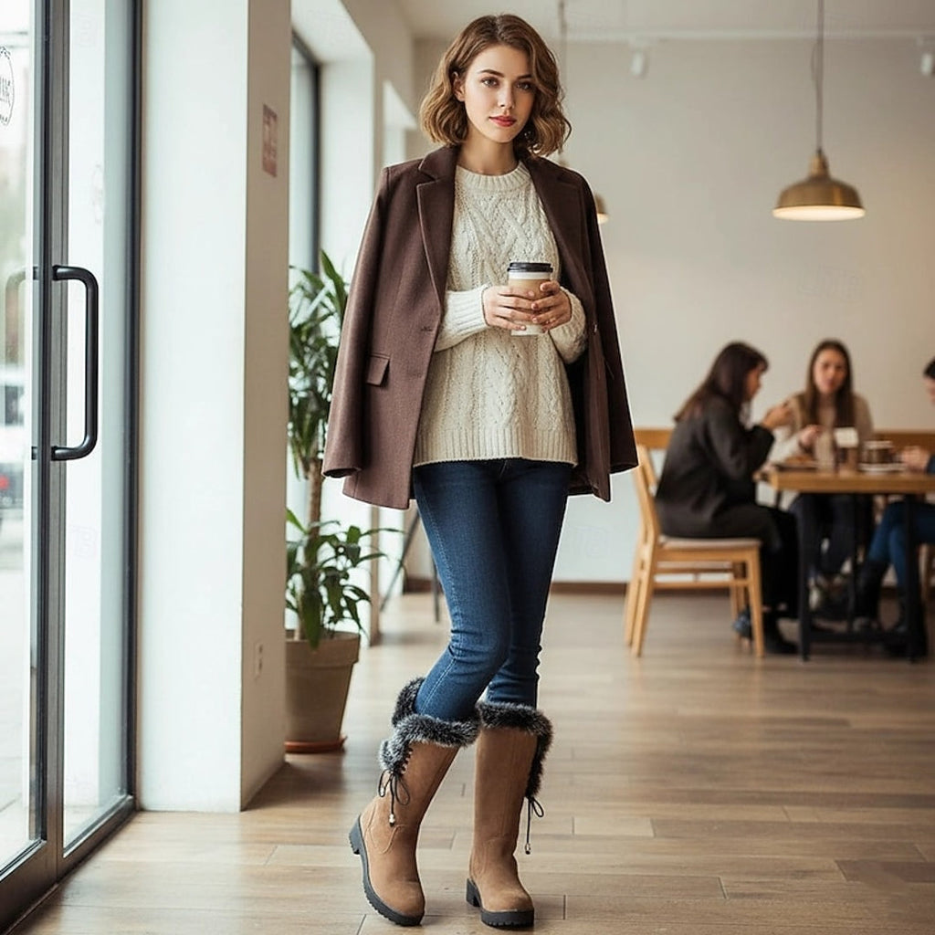 Woman wearing camel winter boots with jeans