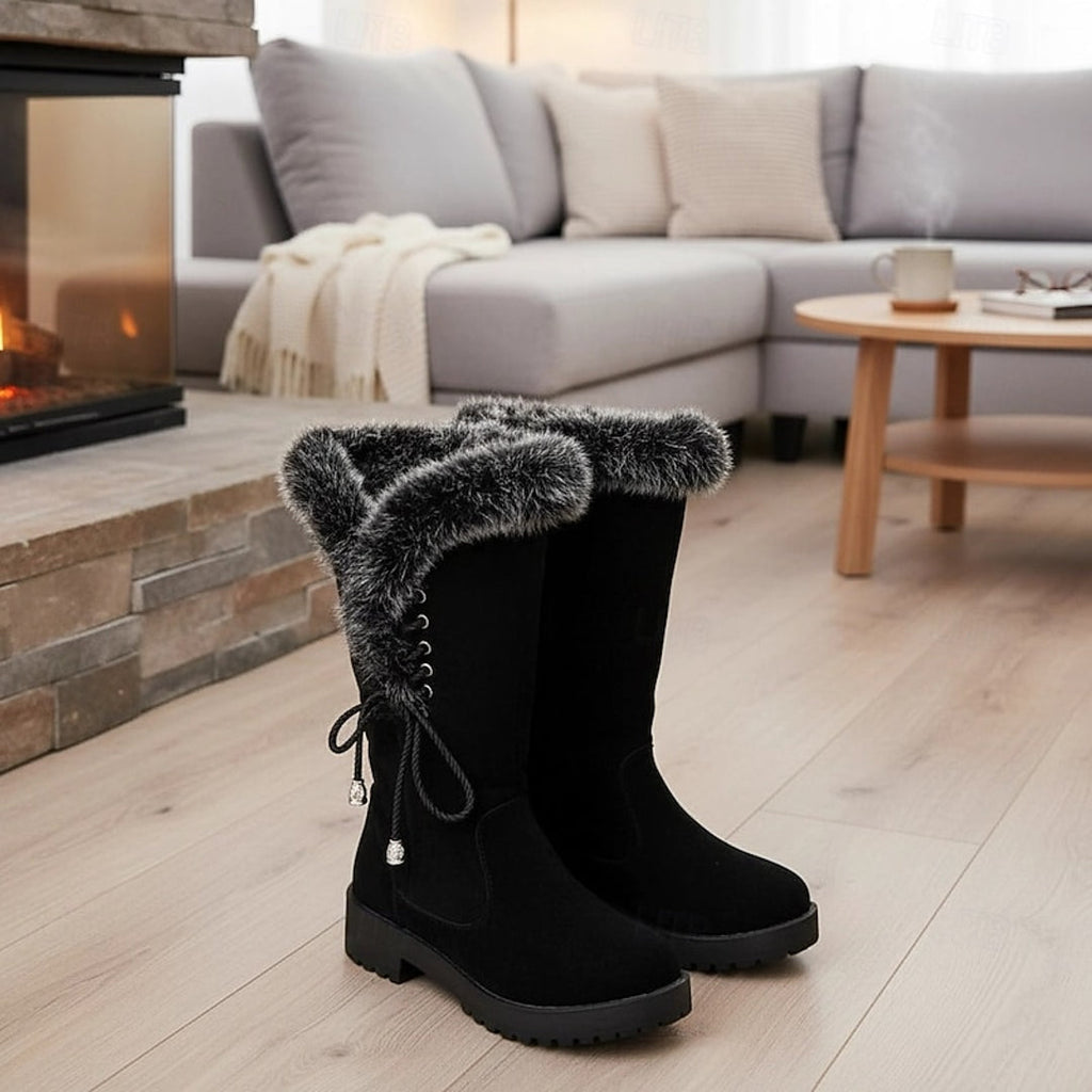 Women's black lace-up winter boots with fluffy cuff