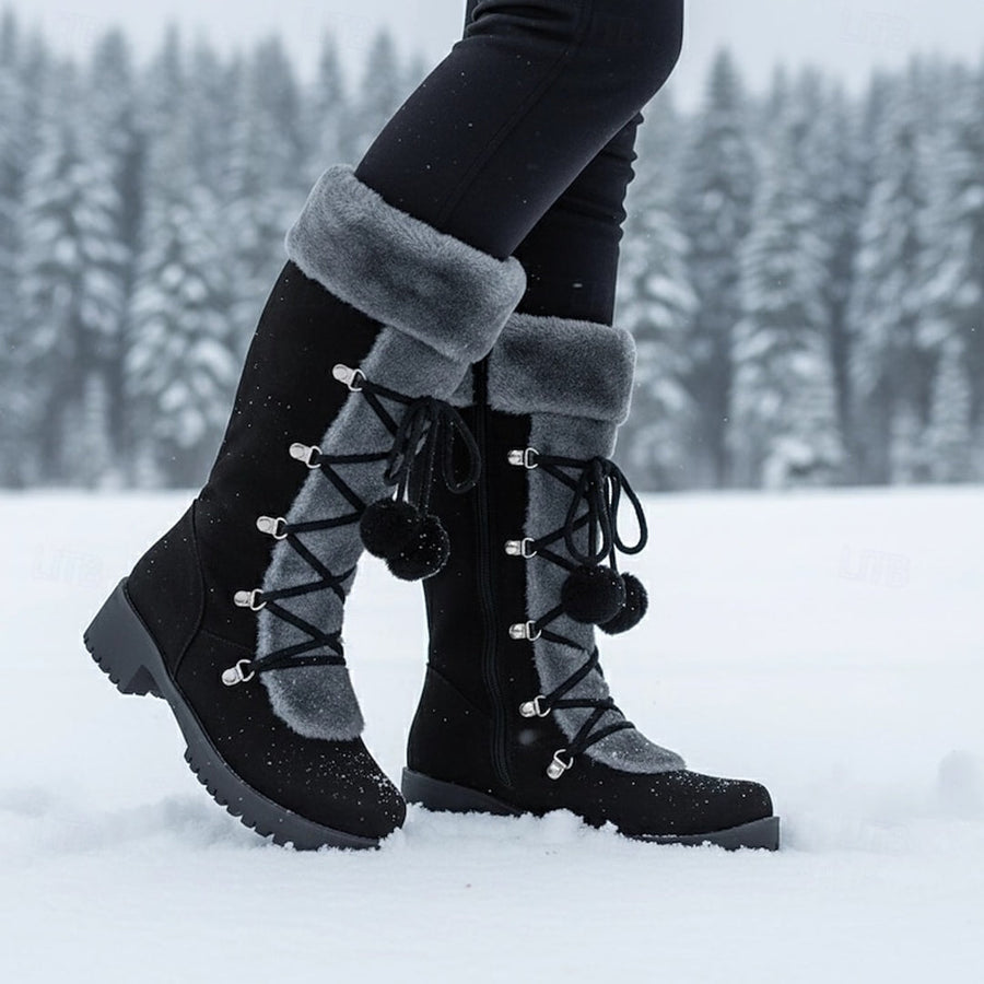 Women's Lace-Up Winter Boots with Fluffy Cuff and Pom-Poms for Snowy Days