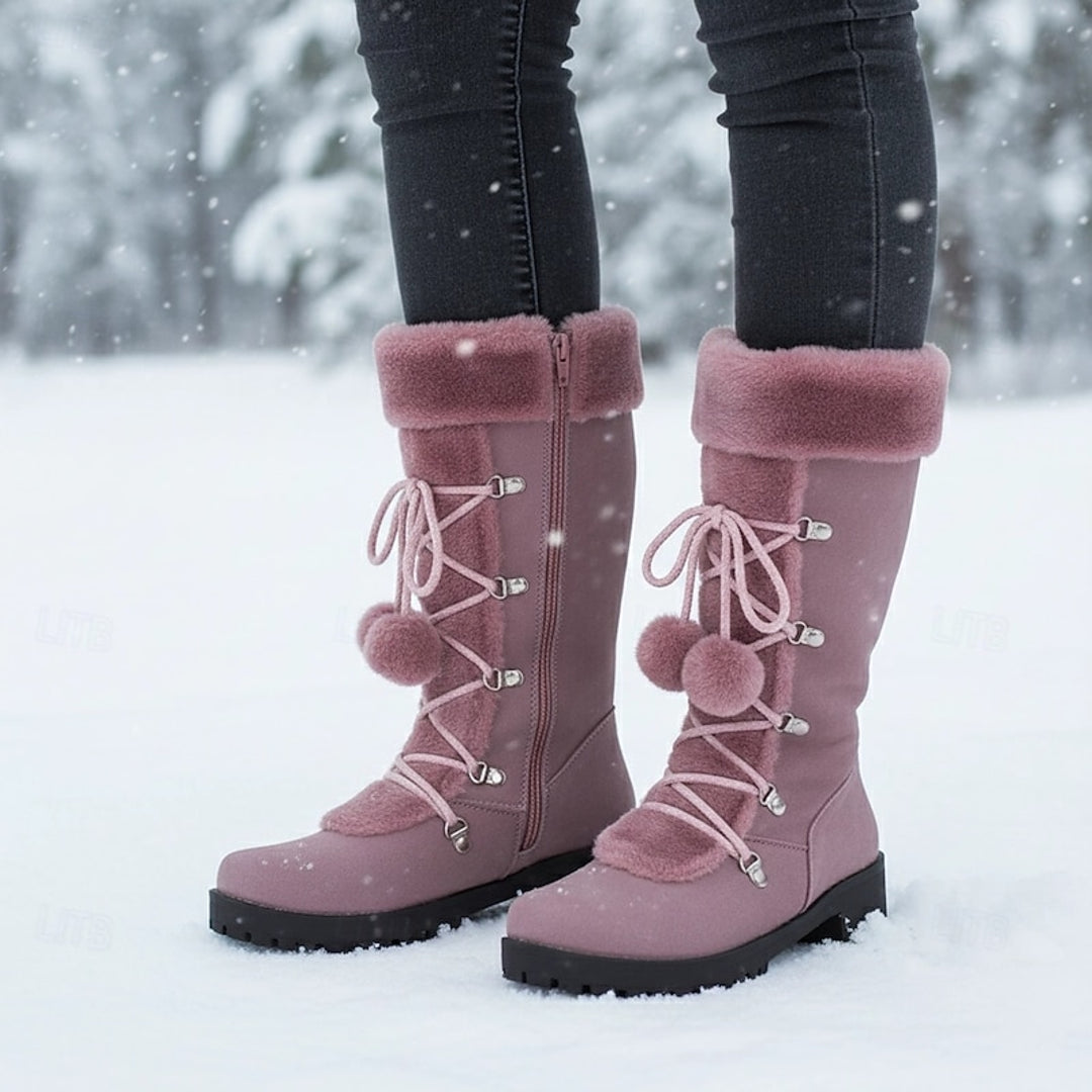 Women's mauve pink winter boots with pom-poms