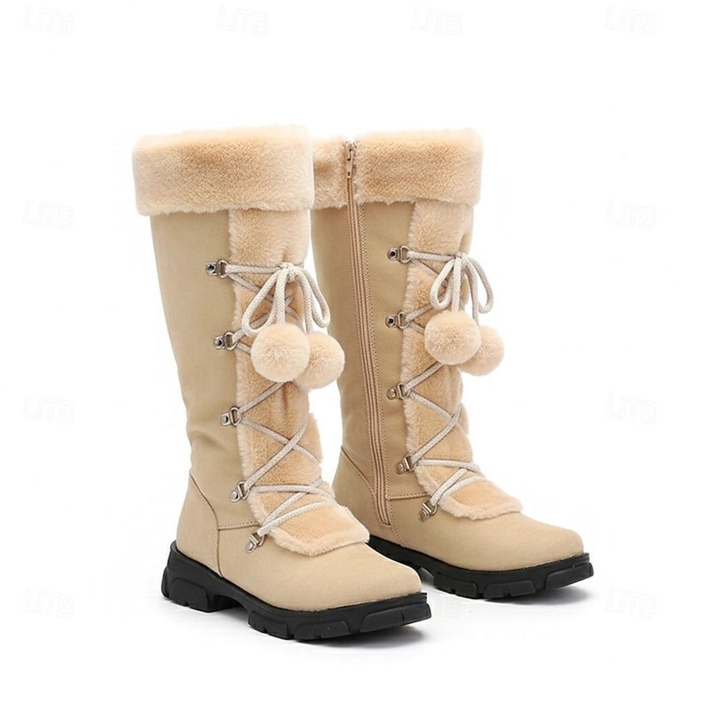 Women's beige lace-up winter boots with fluffy cuff