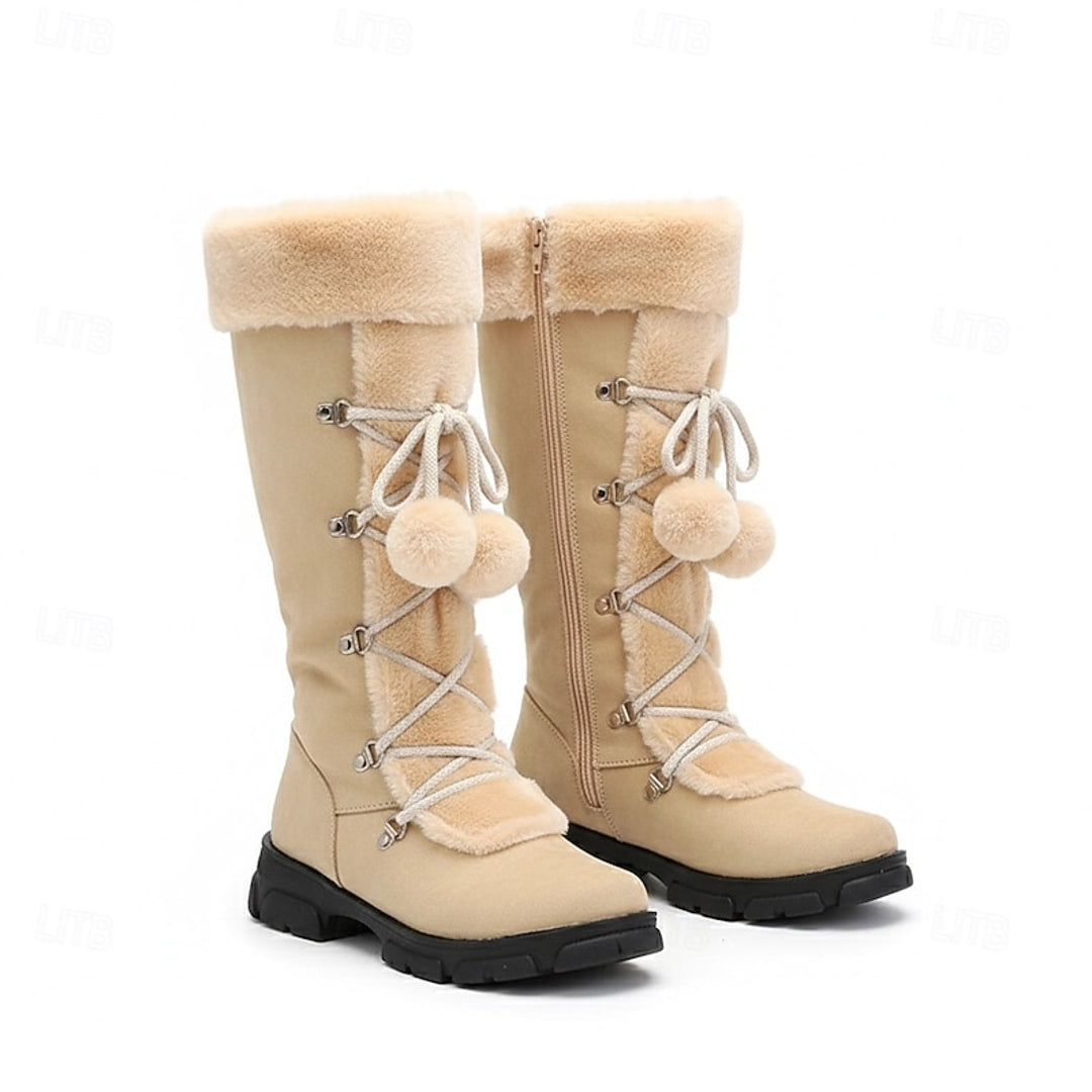 Women's beige lace-up winter boots with fluffy cuff