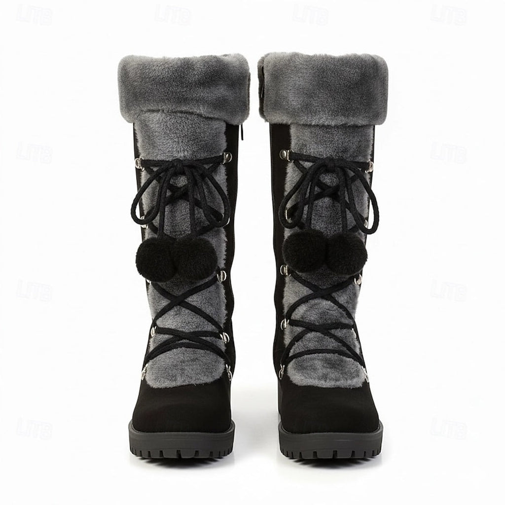 Women's black winter boots with grey fluffy cuff – front view