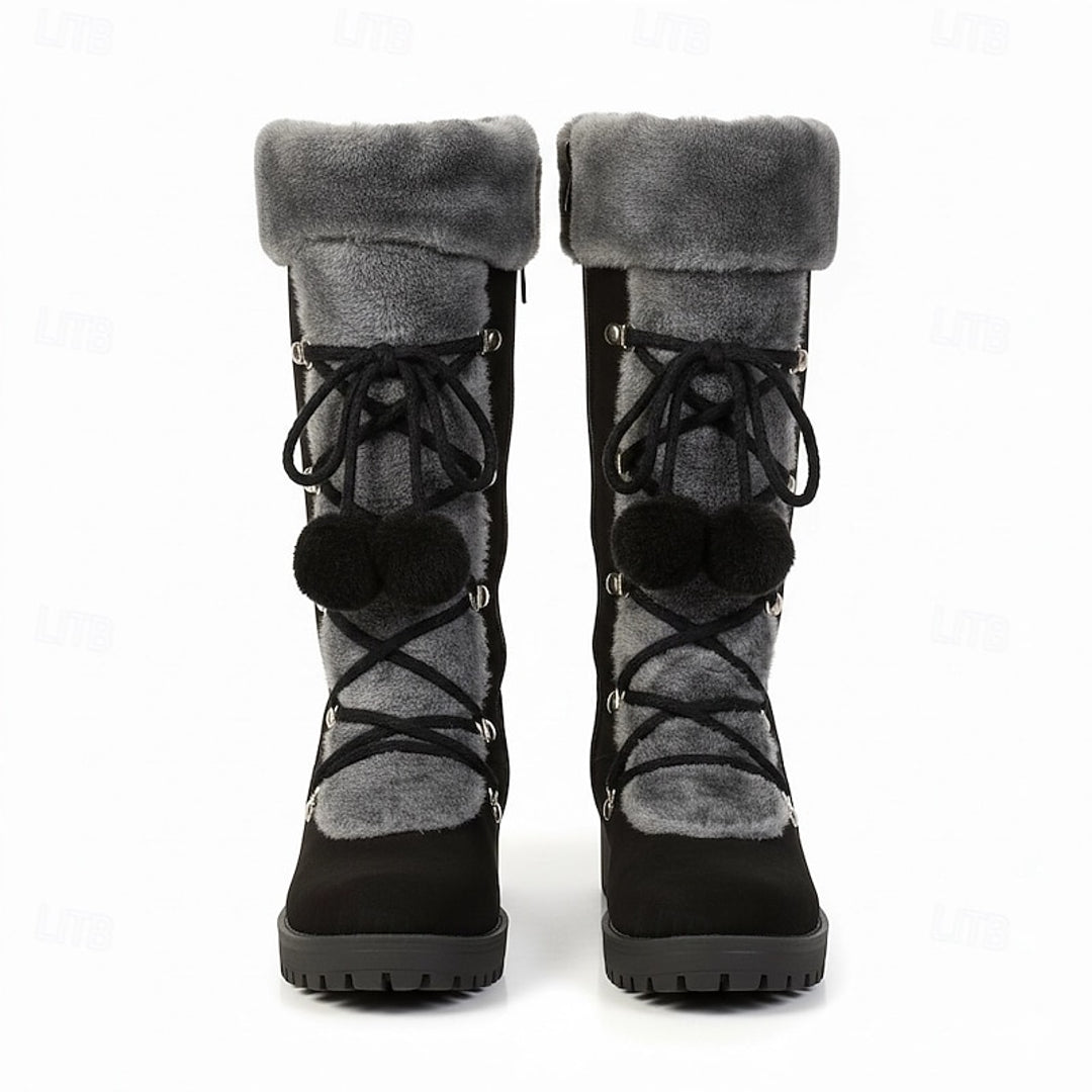 Women's black winter boots with grey fluffy cuff – front view