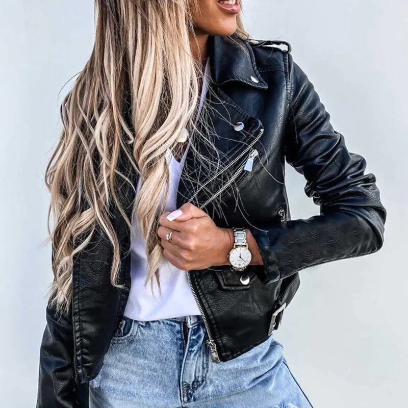 Women's Leather-Look Biker Jacket with Diagonal Zip and Belted Hem for Everyday Wear