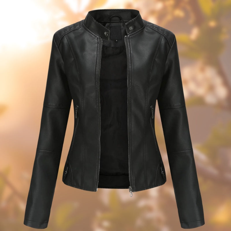 Women's leather-look jacket with stand collar in black