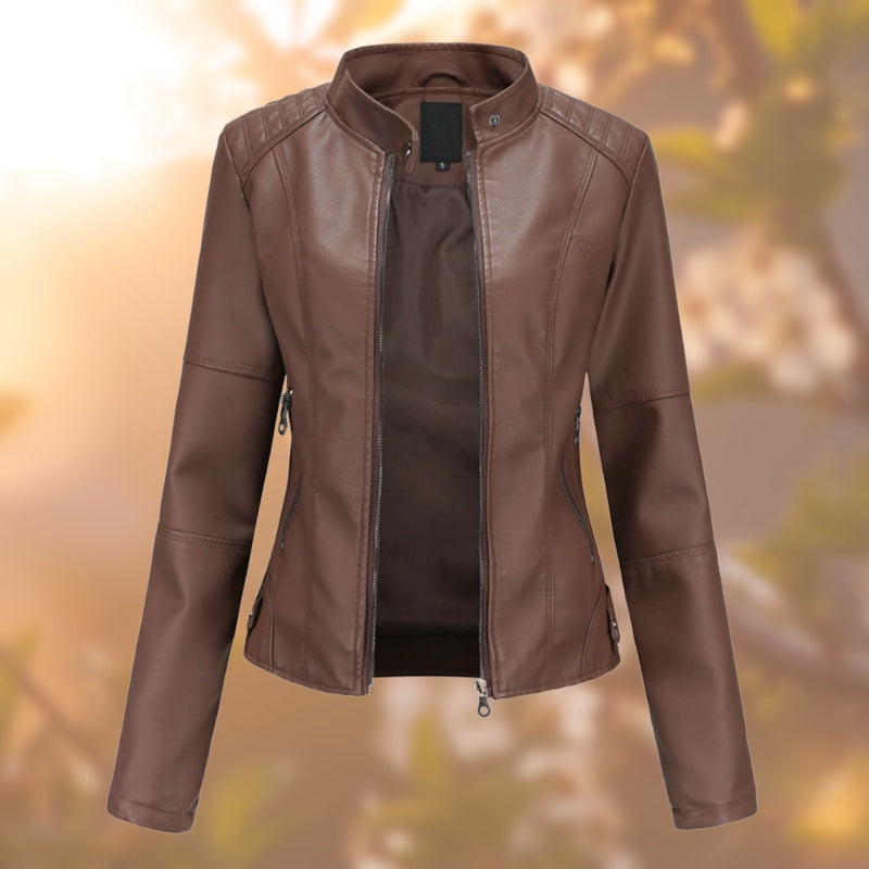 Women's leather-look jacket with stand collar in dark brown