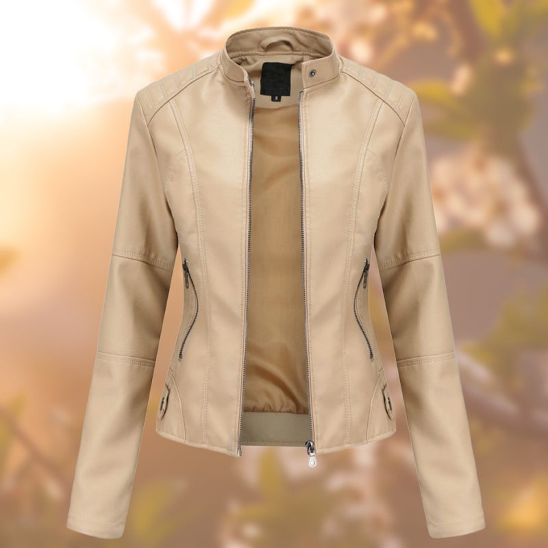 Women's leather-look jacket with stand collar in beige