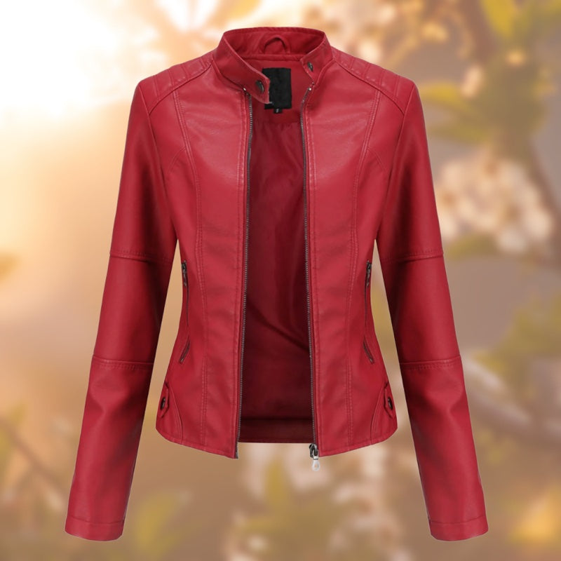 Women's leather-look jacket with stand collar in red