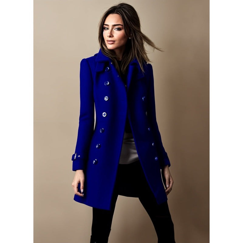 Women's long double-breasted coat in blue