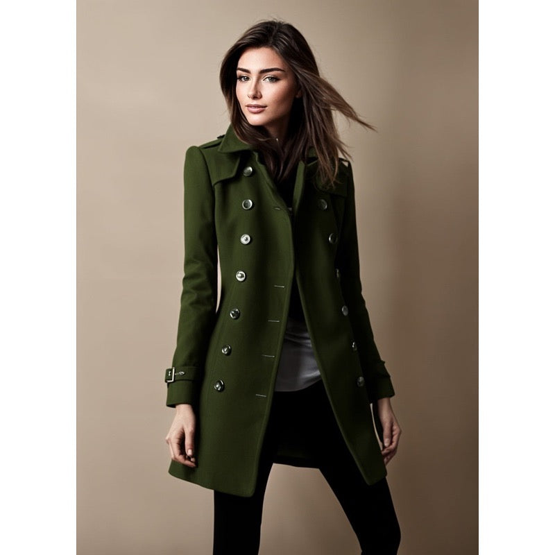 Women's long double-breasted coat in green