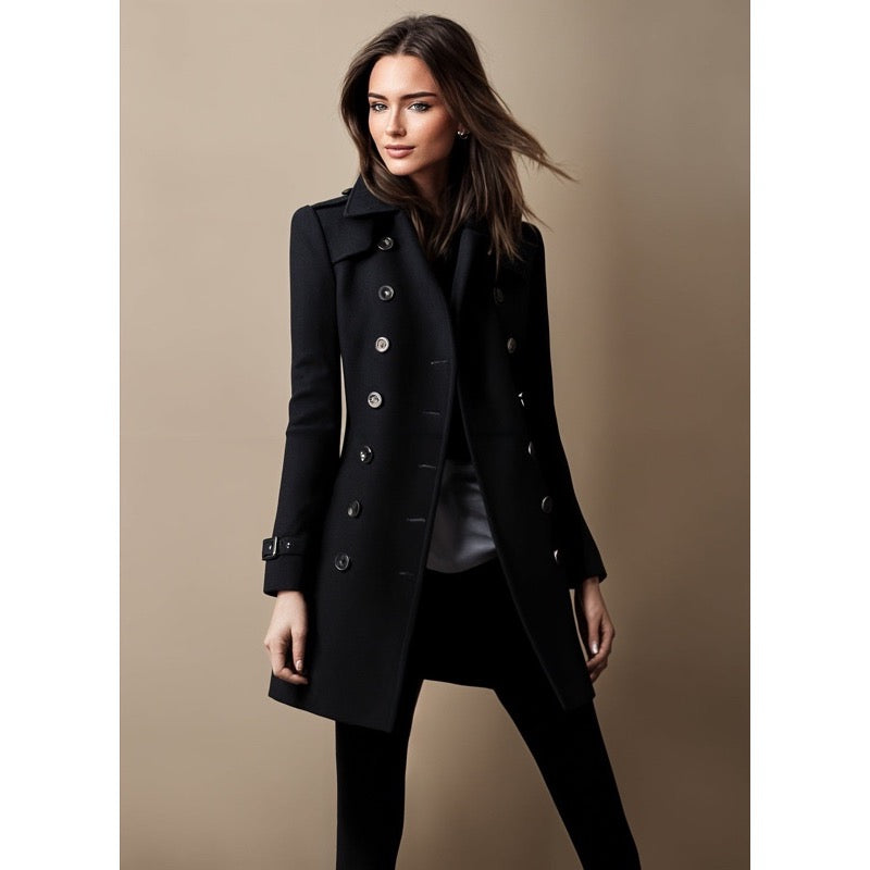 Women's long double-breasted coat in black