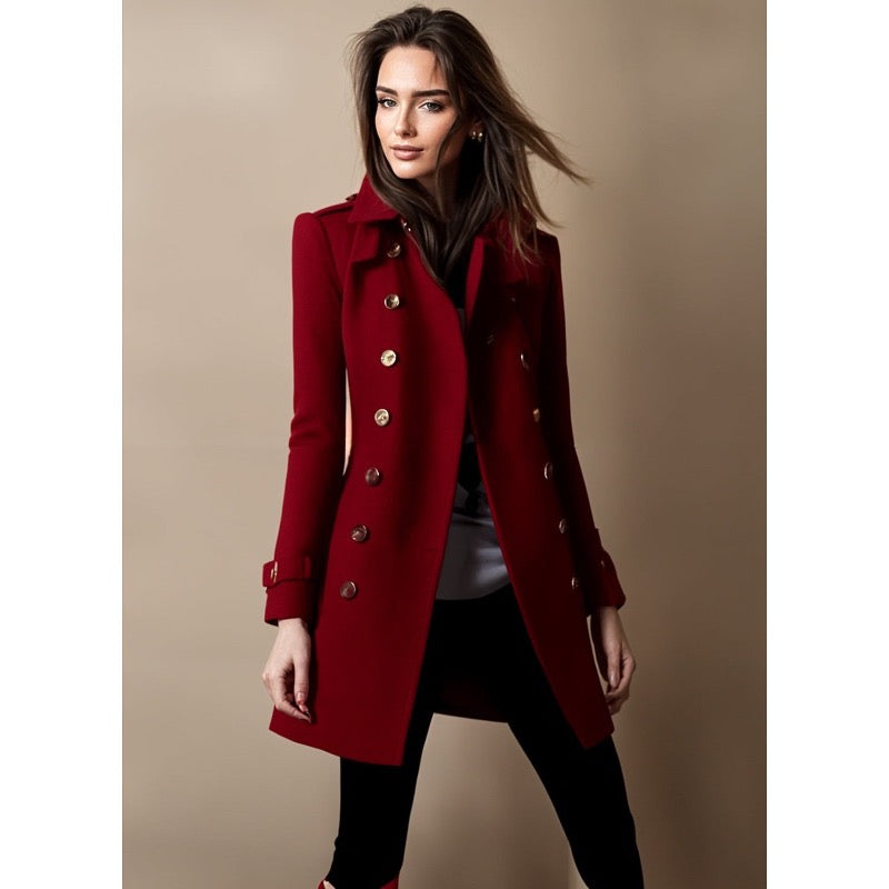 Women's long double-breasted coat in red