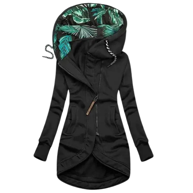 Women's long hooded jacket with asymmetric zip in black